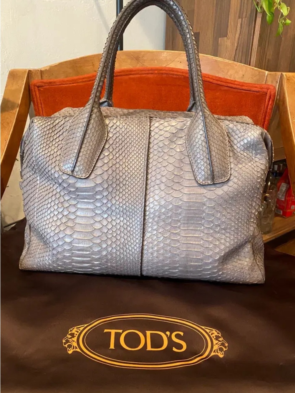 TOD'S Silver-Gray Python Leather Tote